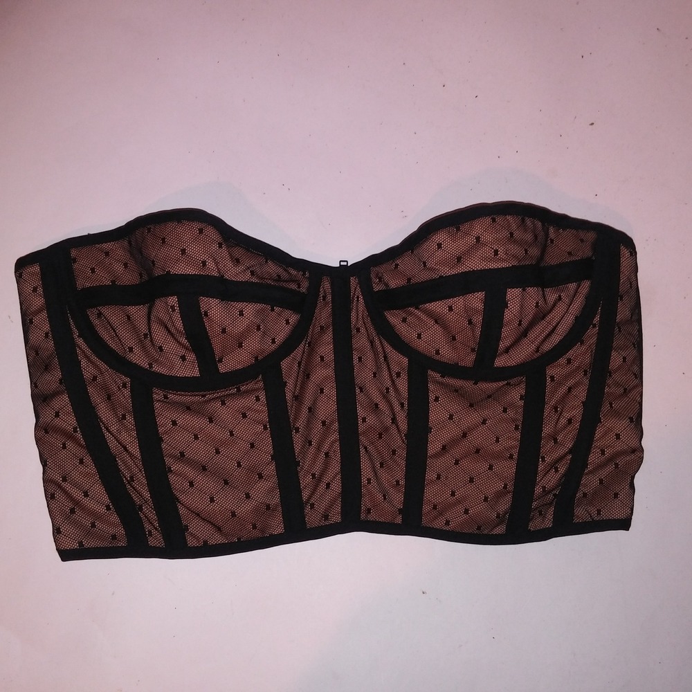 Bardot Top Crop Bandeau Medium Bustier Black Tan Lace Overlay Boned Underwire